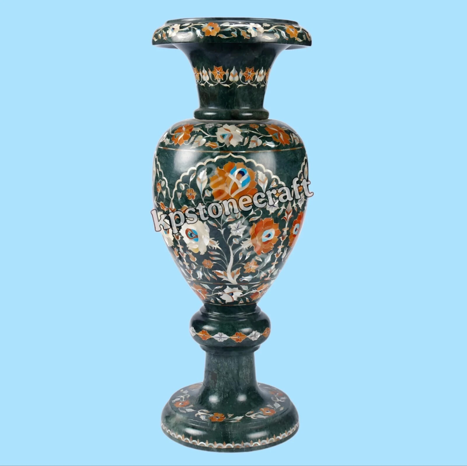 18" Green Marble Flower Vase with Malachite Inlay & Sheep Work –KPSTONECRAFT