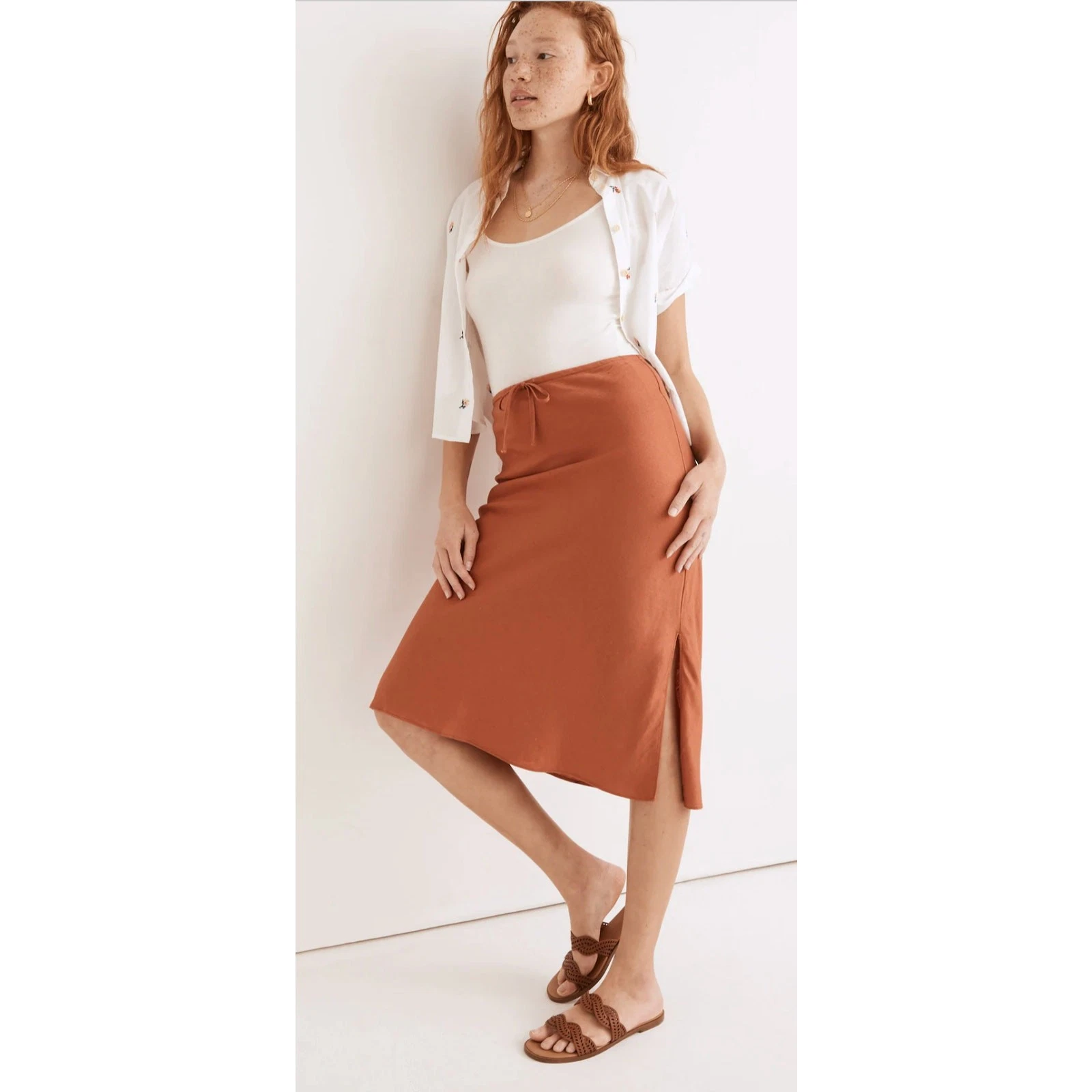 Madewell Afterglow Red Linen Blend Midi Slip Skirt 26W Plus Drawstring 90s Boho
Opens in a new windo