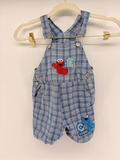 Vintage Sesame Street Elmo Cookie Monster Plaid Overalls Cotton 90 s