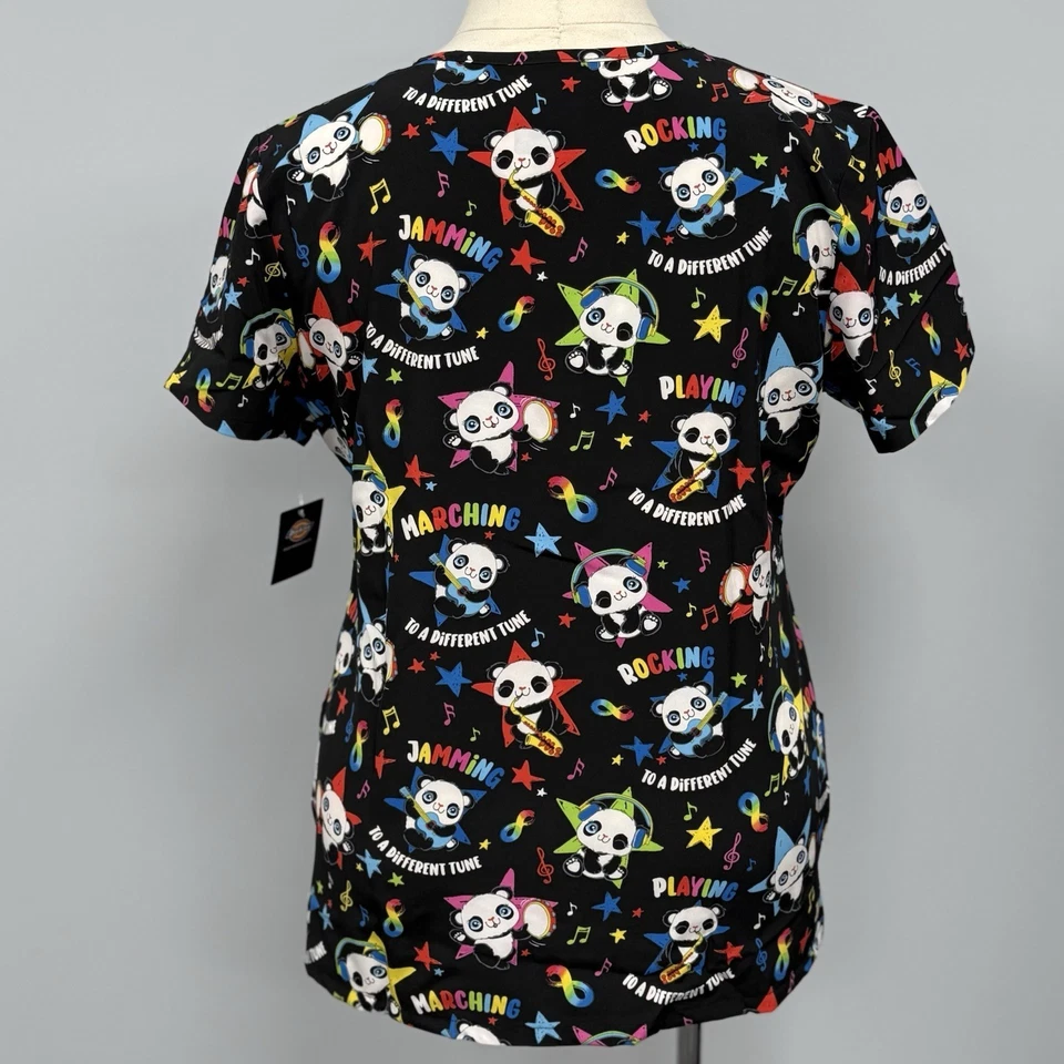 NWT Dickies Scrub Top L Black Rainbow Panda Autism Awareness Scrubs Nurse New - Image 2 of 4