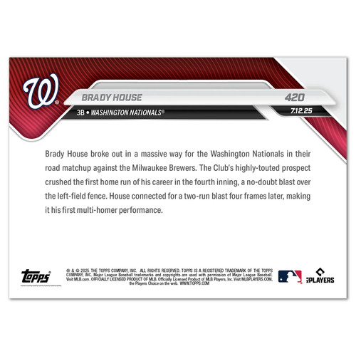 2025 Topps Now Card 3420 Brady House 1st 2 MLB HRs (CU) -Free Shipping! - Picture 2 of 2