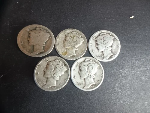 5 Different Mercury Silver Dimes