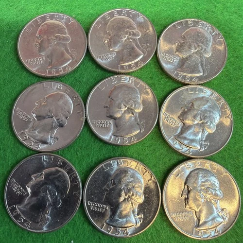 UNC 1954 90% Silver Washington Quarter Lot Of 9