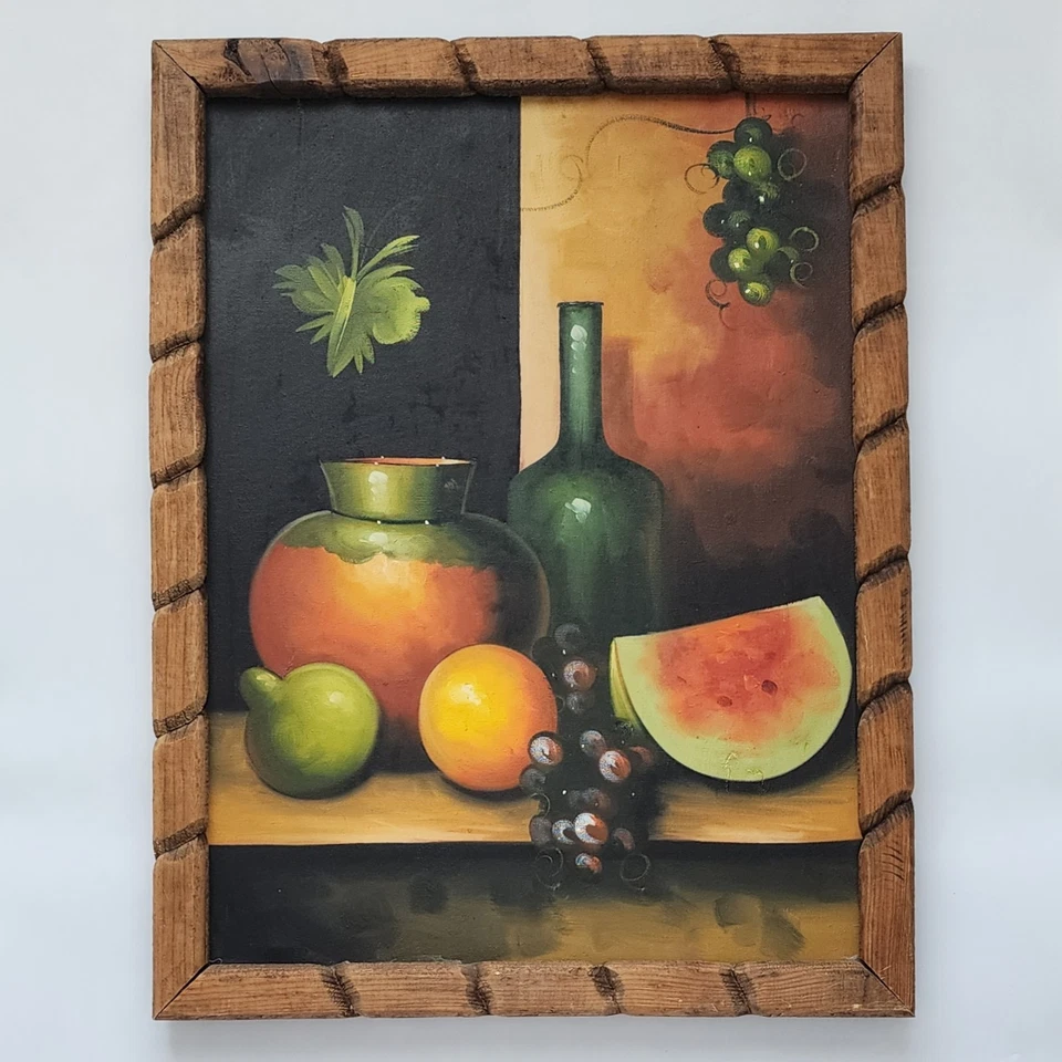 Arte con marco de madera tallada botella de vino fruta bodegón pintura al óleo original vintage Foto 2 de 4
