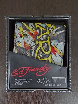 Ed Hardy Men's Eagle Bifold Wallet and Skull Valet Tray Box