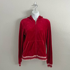 Y2K Juicy Couture Red Velour Track Jacket Hooded Vintage USA McBling Size XL