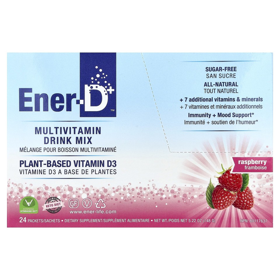 Ener-D, Vitamin D3, Hydrating Effervescent Drink Mix, Sugar Free, Raspberry,