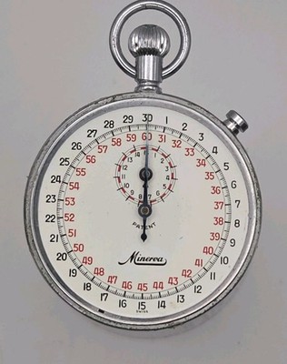 Minerva Stop Watch Swiss 60 Second 30 Min Timer 7J Cal 53 51mm c. 1960's Works