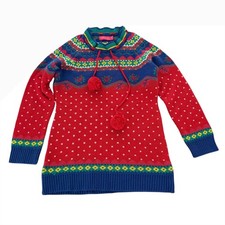 American Eye Kids 11-12YRS Red Blue Fair Isle Knit Tunic Sweater Poms Tassel