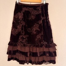 Velvet Burnout Paisley Skirt Womens 4 Brown Tiered Ruffle Y2K Boho Whimsigoth