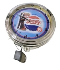 Pepsi  Pepsi- Cola Bottle Cap Sign Large Neon Clock Blue Neon 15" Diameter 