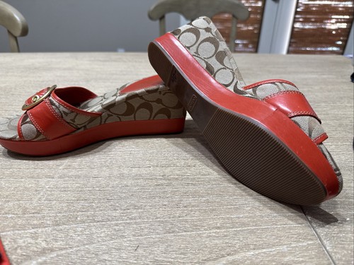 Coach Gretta Slip On Canvas Red Orange Leather Wedge Sandals Shoes Women Size 9M - Picture 5 of 5