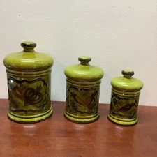 Vintage Los Angeles Potteries 3 Pc. Canister Set 1960s Retro Green With Lid