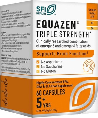 Equazen Triple Omega 3-6   60 Kapseln | DHA EPA GLA Gehirn & Fokus Familie