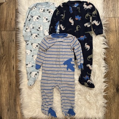 Simple Joys Fleece Footed Pajamas Baby Boy 6-9M Blue Gray Dino Dog Lot Of 3 EUC