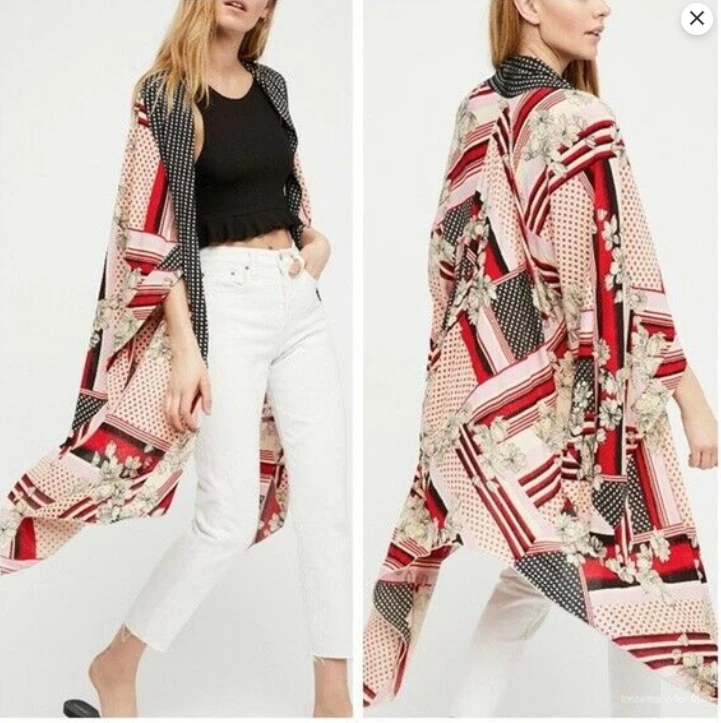 Free People Morning Glory Floral Print Kimono Women One Size Red Drapey All Tous - Image 3 of 4