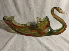 Murano Style Swan Dish Vase Large Orange Green Verigated Glass 16" Long 7" Tall