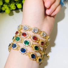 Top Gold Plated Oval CZ Green Flower Leaf Bracelet Bangle for Women Engagement
