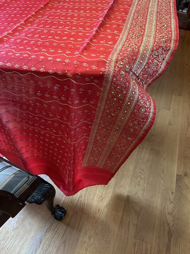 Beautiful Red Gold Jeweled Encrusted Ornate Saree Sari Fine - Picture 14 of 16