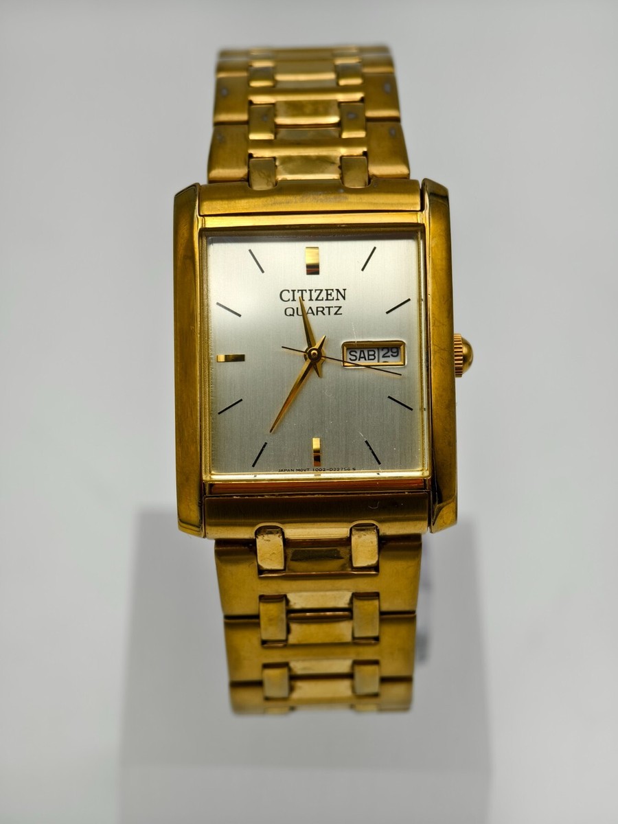 Vintage Mens Citizen Tank 1002-S99299 Gold Tone Day Date