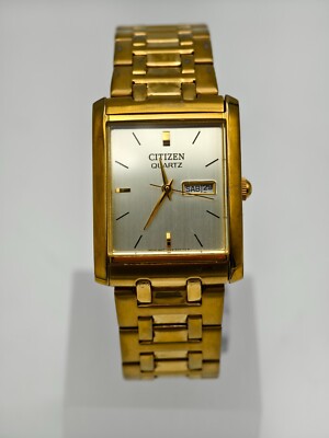 Vintage Mens Citizen Tank 1002-S99299 Gold Tone Day Date