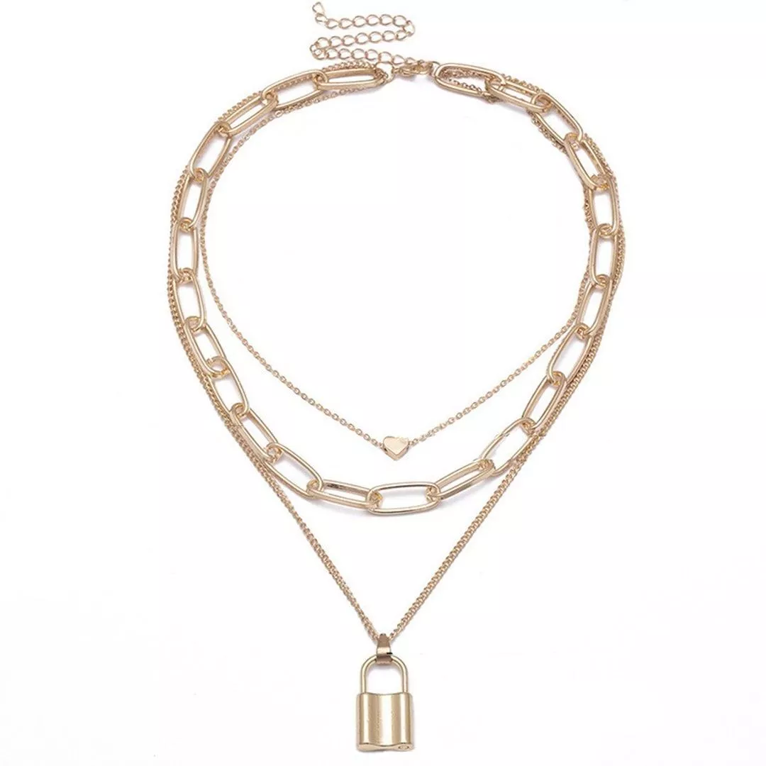 Triple Layear pad lock chain for girls &women Gold chain Heart