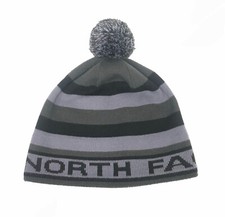 The North Face Pom Beanie Adult One Size Fleece Lined Gray Striped Knit Hat