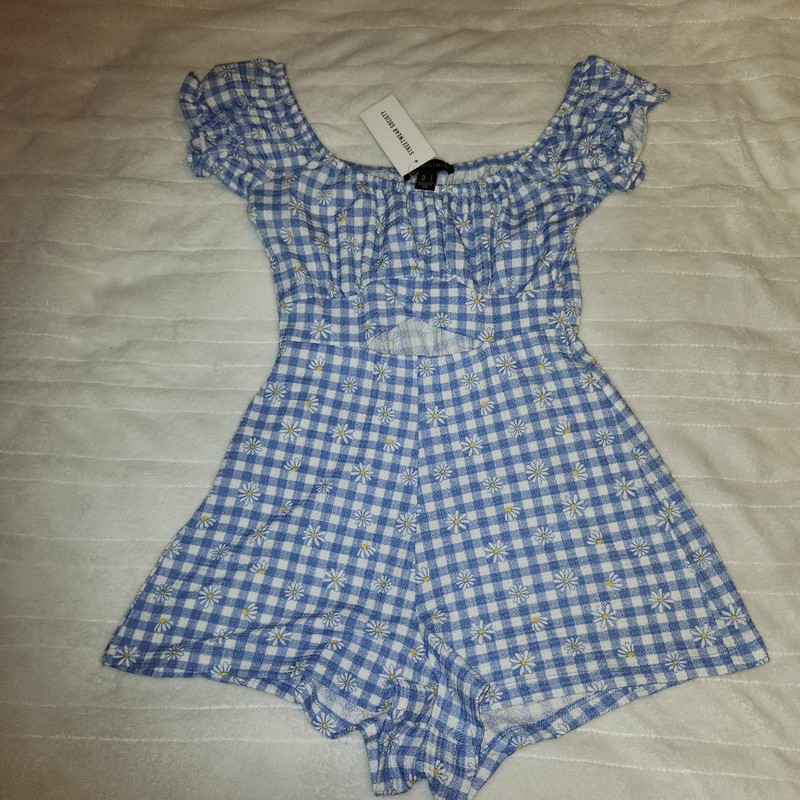 Streetwear Society Romper White Blue Gingham Daisy On/Off Shoulder Ruffle Sz S 