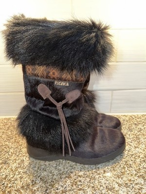 Tecnica Slip On Mid-Calf Snow Boots Faux Fur Trim Lined Black Brown Women's 7.5