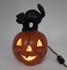 Vtg Black Cat On Jack O Lantern Pumpkin  Ceramic Halloween Lighted Decor