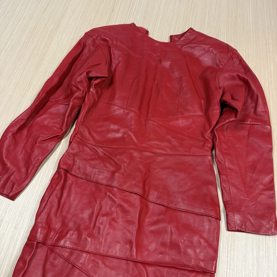 Vintage 80s Leather Dress Women 5/6 Red Lambskin Midi Sexy Sheath Event Luxury - Image 2 of 4