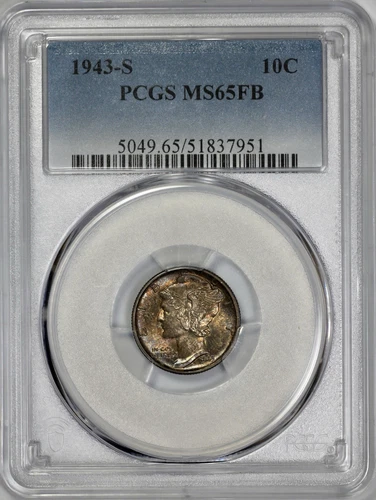 1943-S Mercury 10c Silver Dime PCGS MS 65 FB Full Bands Toned