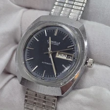 VINTAGE 1975 MENS CARAVELLE 11UOACB 17J SWISS AUTOMATIC DAY DATE WATCH BLUE DIAL