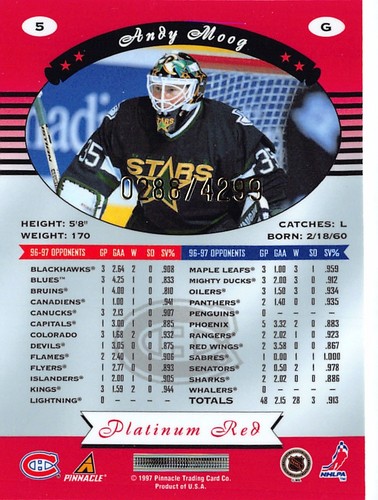 1997-98 Pinnacle Totally Certified Platinum Red #5 Andy Moog /4299 - Picture 2 of 2