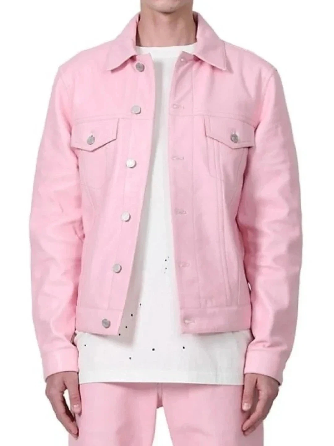 Men's Real Lambskin Leather Pink Trucker Jacket Classic Denim Style Button Coat