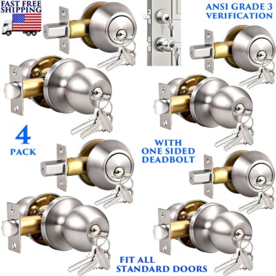 4 PACK KEYED ALIKE DOOR KNOBS LOCK DEADBOLT HEAVY DUTY EXTERIOR ROUND HANDLE SET