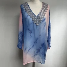 Lindsey Brown Silk Kaftan Cover Up Size Large Embellished Beaded Pink Blue