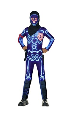 Fortnite Party Trooper Youth Costume Skeleton Neon Blue XL 14-16 Cosplay  NEW