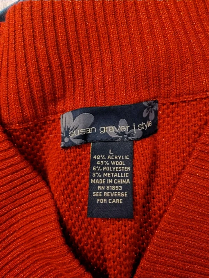 Suéter Susan Graver/Estilo L Rojo Brillante Mezcla de Lana Manga Larga Cuello en V Vacaciones Foto 2 de 4
