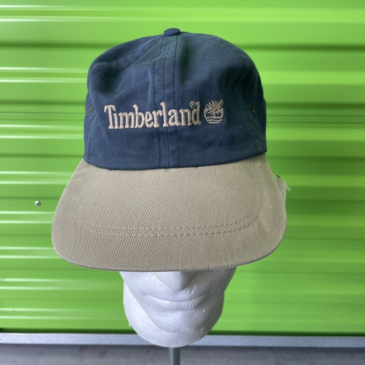 Vintage Timberland Hat Blue Beige Leather Strapback Weather Gear
