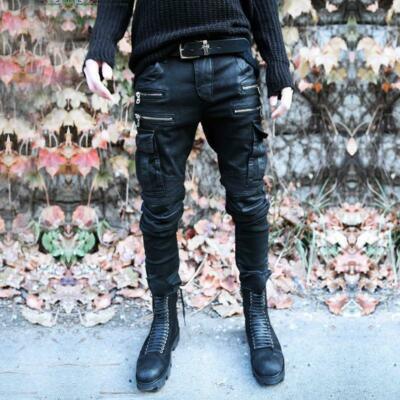 Mens Fashion Gothic Hip-hop Denim DJ pencil Black Pants Punk Rock