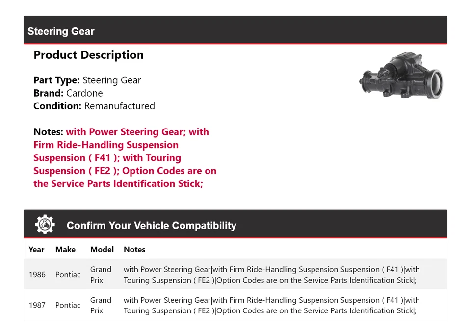 Engranaje de dirección Cardone para Pontiac Grand Prix 1986-1987 Foto 2 de 4