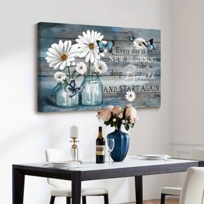 1 PC Charming Daisy and Blue Butterfly Canvas Art - Rustic Wooden Frame
