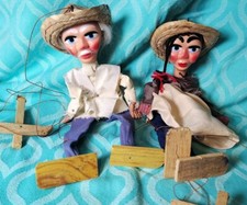 Set 2 pupazzi marionette vintage arte popolare messicana puliti padre e figlio