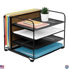 4 Tier Mesh Document Trays with Vertical Section for Hanging Files, Black