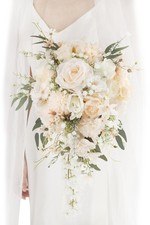 11 Inch Champagne Wedding Bouquets for Bride White Artificial Roses Flower Ca...