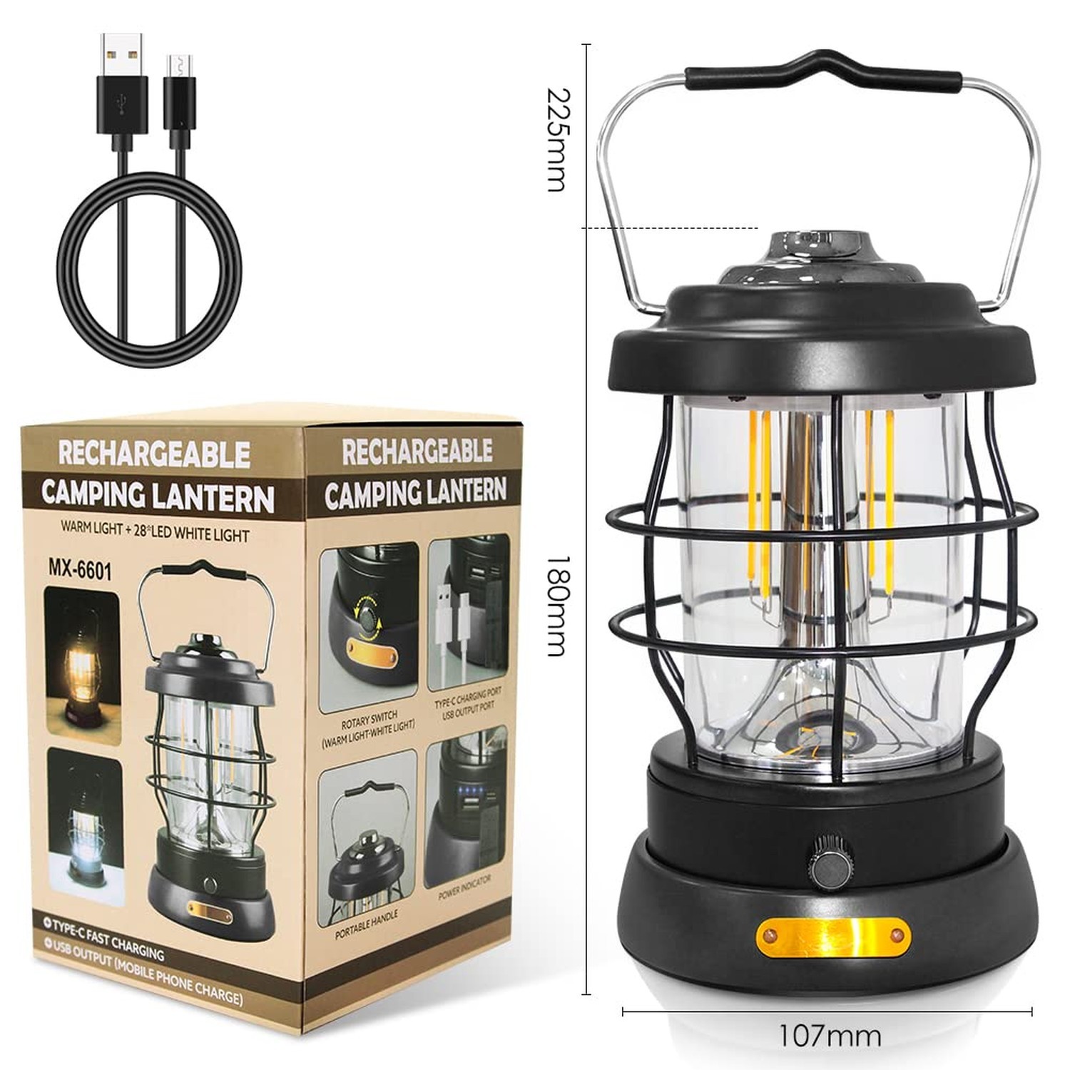 UniqueFire Retro Camping Lantern Rechargeable 1500LM 2 Modes Dimmable,Portabl...