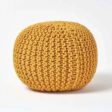 Large Knitted Moroccan Pouffe Footstool 50cm Chunky Cotton Ottoman Seat Mustard