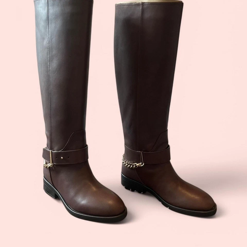 NUEVO EN CAJA AQUA botas de cuero marrón con acento de cadena. talla 7,5 Foto 4 de 4