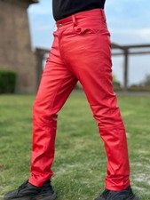 Men's Red Genuine Leather Biker Pants Slim Fit Motorcycle Riding Trousers Racing